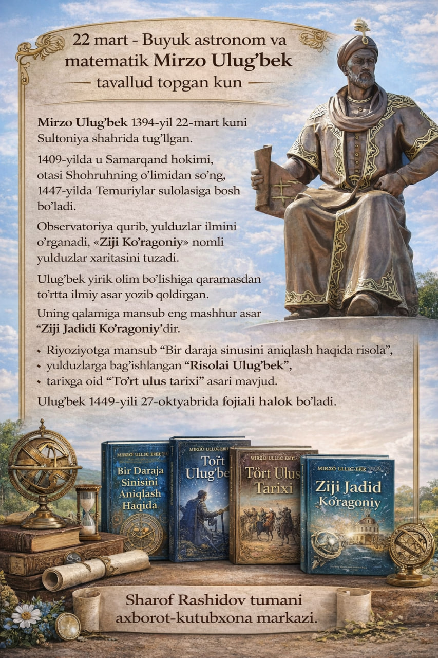 Buyuk astronom va matematik Mirzo   Mirzo Ulug‘bek 1394-yil 22-mart kuni Sultoniya shahrida tug‘ilgan.