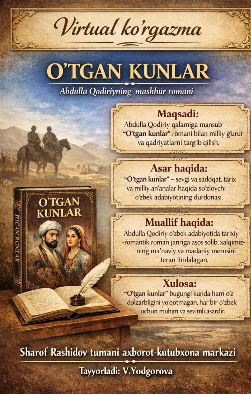 ABDULLA QODIRIYNING  “O‘TGAN KUNLAR” kitobiga  virtual koʻrgazma.