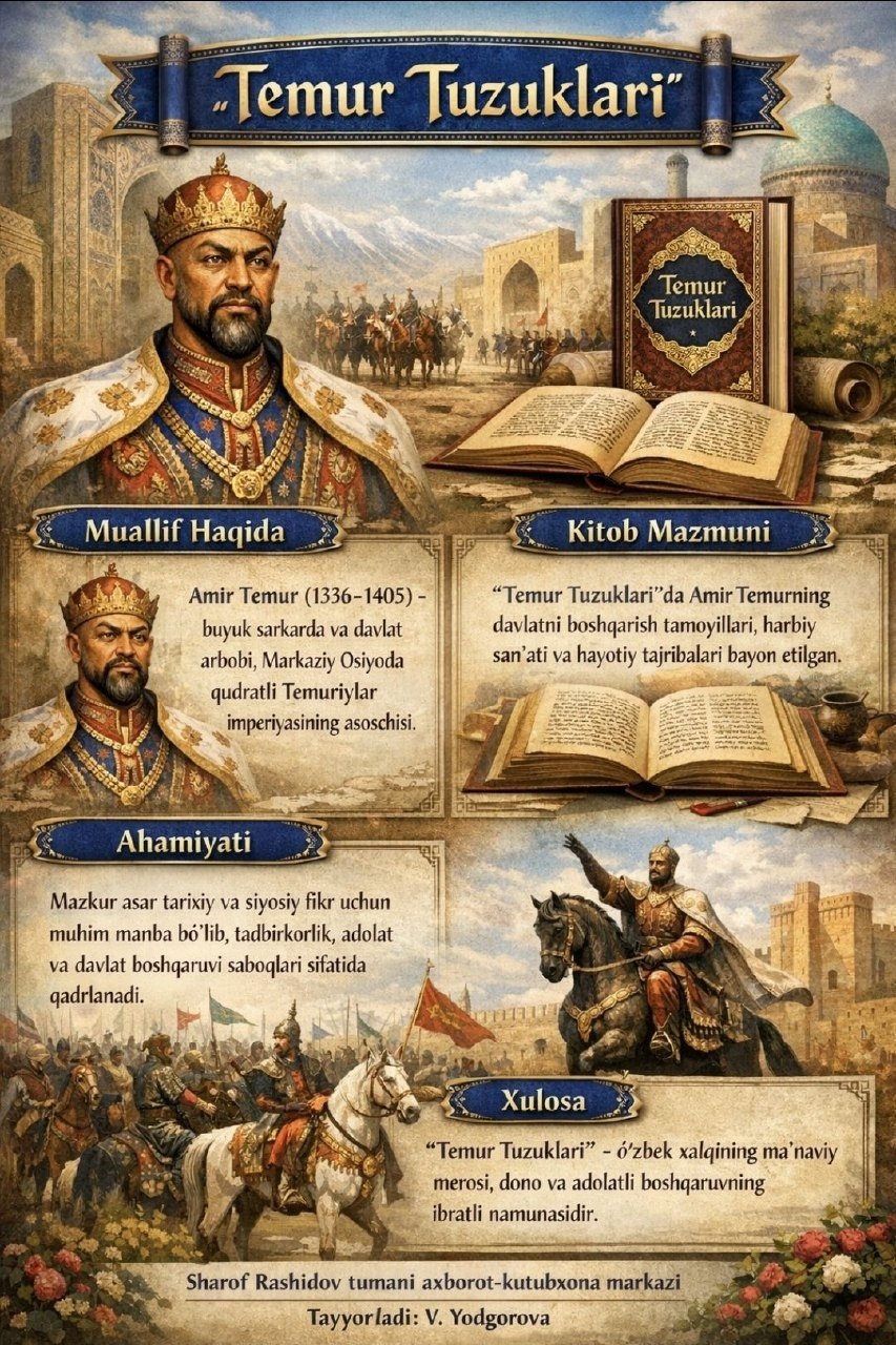 #Virtual_kŏrgazma_2026       📚 Temur Tuzluklari kitobiga virtual koʻrgazma.    ✍️Tayyorladi: #V_Yodgorova      📗📗 Aziz  kitobxonlar  Sharof Rashidov tumani axborot-kutubxona markazida vay-fay  va elektron  o'quv   zalidan   bepul  oqilona  foydalanishingi