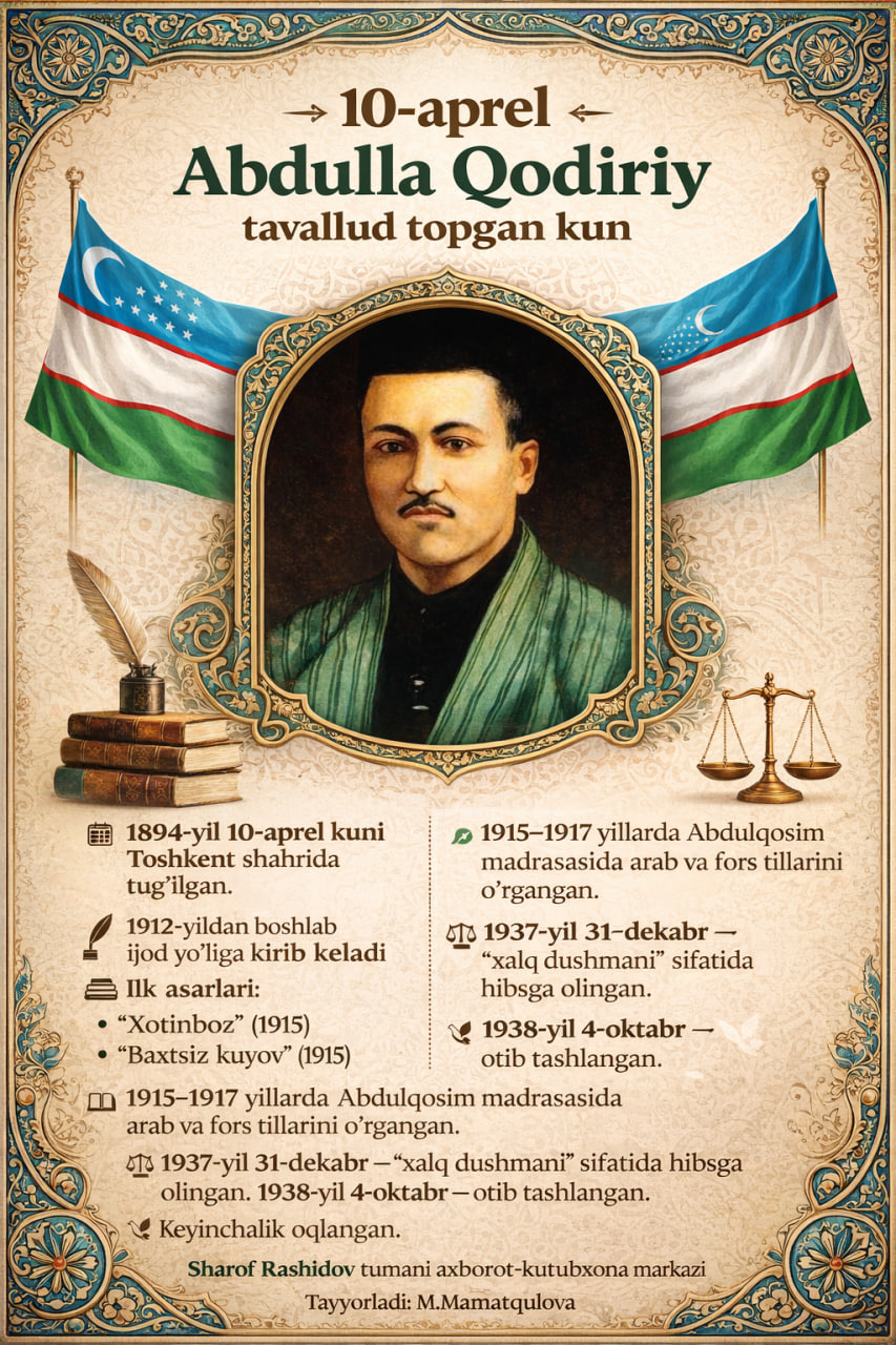 #Bugun    Abdulla Qodiriy — o‘zbek milliy romanchiligining asoschisi, iste’dodli publitsist, hajv ustasi, tilshunos va tarjimon.  🗓 1894-yil 10-aprel kuni Toshkent shahrida tug‘ilgan.
