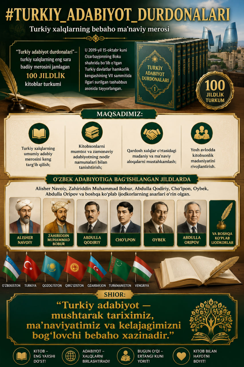 "Turkiya reklamasi— turkiy xalqla100 jildlik kitoblarbo'lib, Ushb Seshanba Kitobxonlarni mumtoz va zamonaviy adabiyotning nodir namunalari bilan tanishtirish