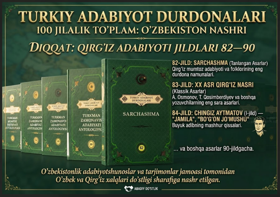 To‘plamning jildlari bilan tanishtirishda davom etamiz…  Qirgʻiz adabiyoti boʻlimi 82-jilddan boshlanib, 90-jildgacha boʻlgan davrni oʻz ichiga oladi. Yaʼni qirgʻiz adabiyotiga jami 9 ta jild ajratilgan.