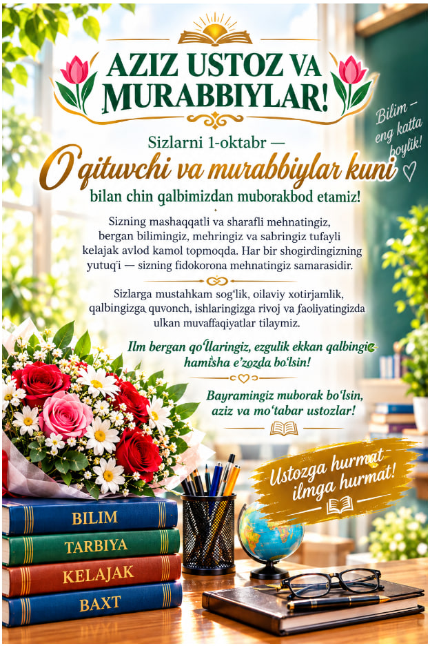 Sizlarni 1-oktabr — O'qituvchi va murabbiylar kuni bilan chin qalbimizdan muborak bo'ladi!