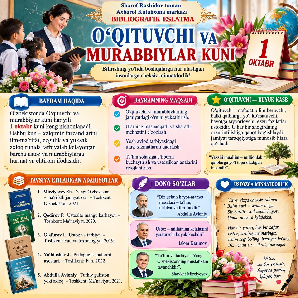 1-oktabr — O‘qituvchi va murabbiylar kuni.