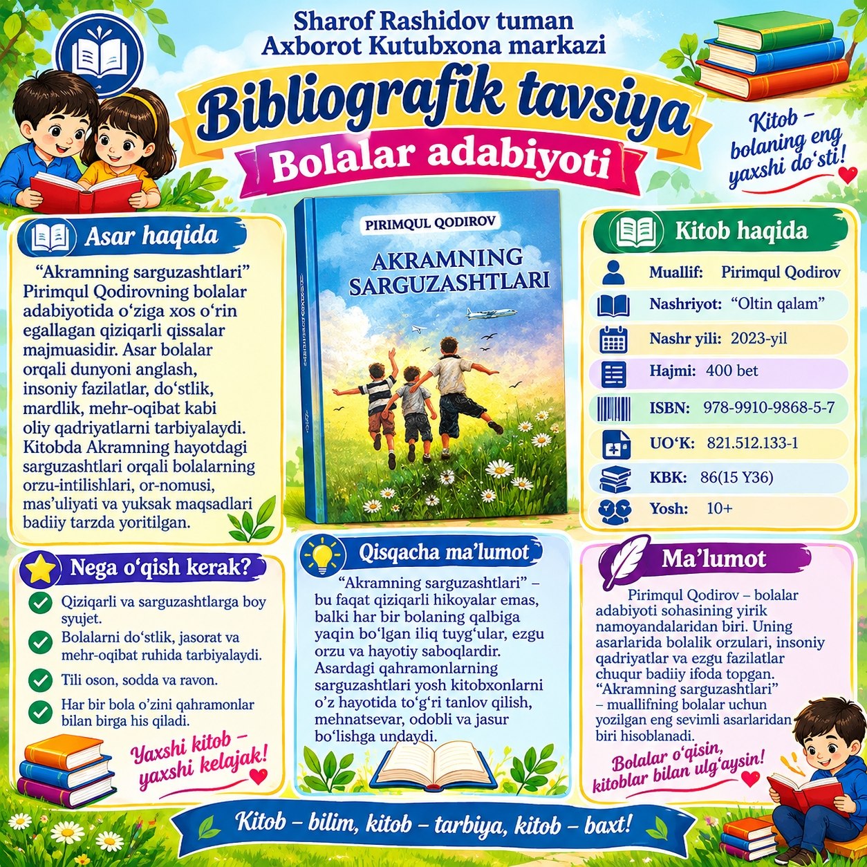 Muallif: Pirimqul Qodirov Kitob nomi: “Akramning sarguzashtlari” Nashriyot: “Oltin qalam” Nashr yili: 2018-yil Hajmi: 400 bet ISBN: 978-9910-9868-5-7