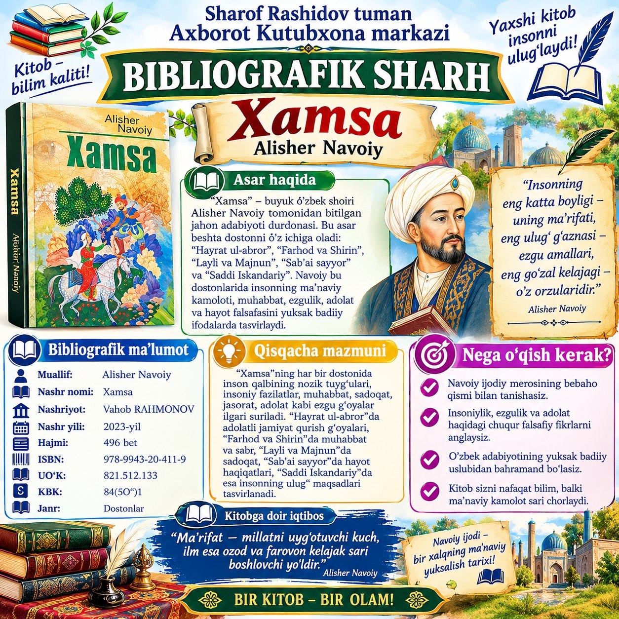 Alisher Navoiyning “Xamsa” asari o‘zbek mumtoz adabiyotining bebaho durdonalaridan biridir.