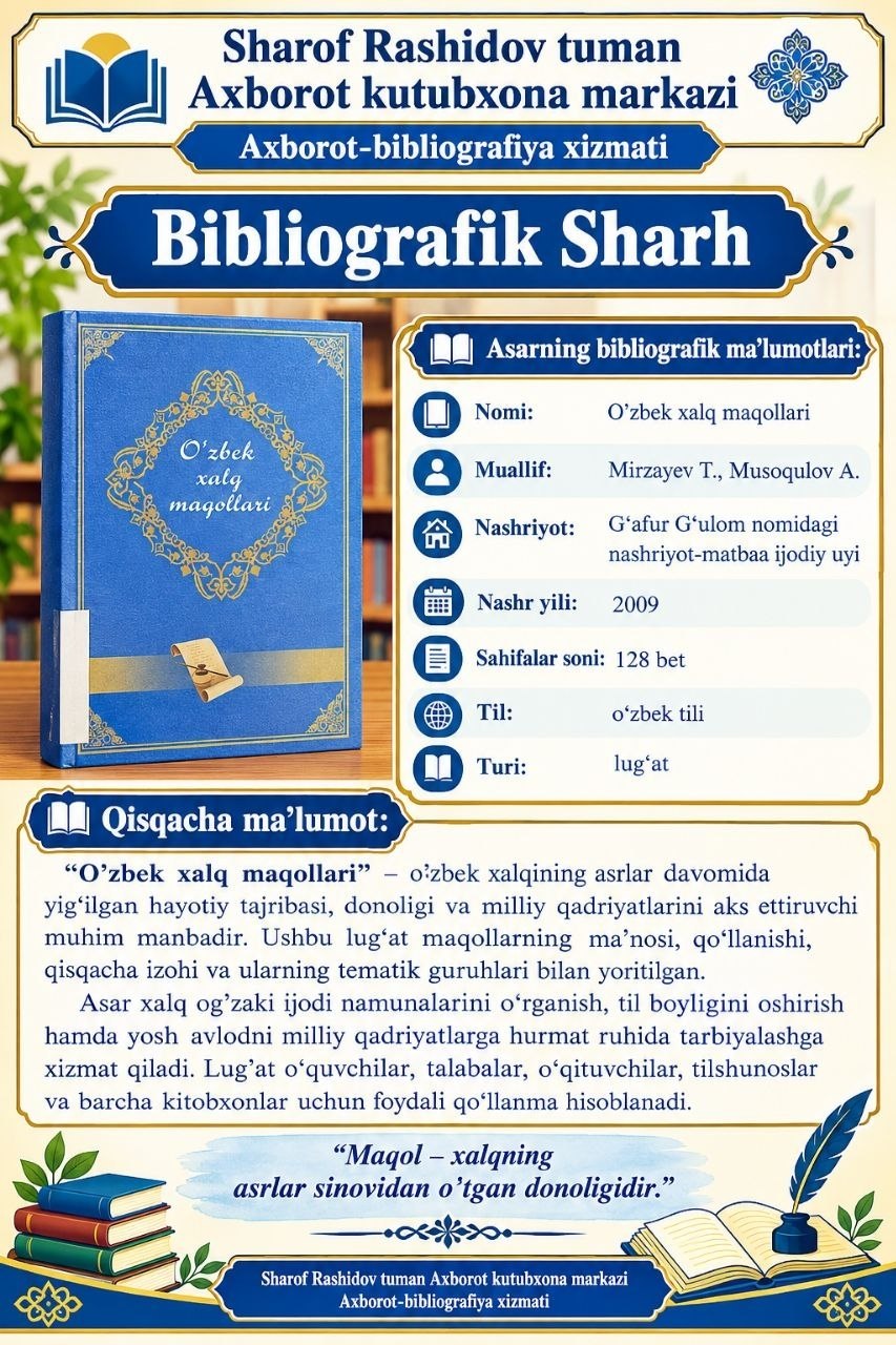 “O‘zbek xalq maqollari” — xalqimizning ko‘p asrlik hayotiy tajribasi, donoligi, urf-odatlari va milliy qadriyatlarini o‘zida mujassam etgan qimmatli manba.